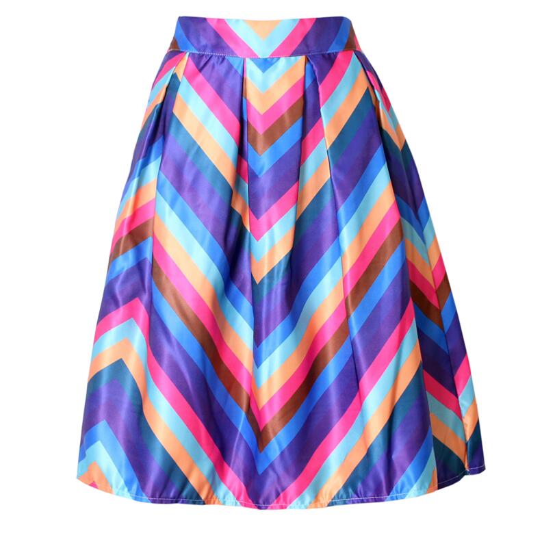 Neophil – Jupe trapèze plissée en Satin arc-en-ciel à rayures et franges imprimées, taille haute, volants évasés, S07048, collection été 2022: Bleu