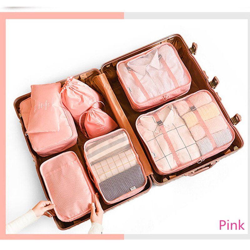 8 Stuk Koffer Organisator Opbergtas Reizen Cosmetische Bag Kleding Ondergoed Schoenen Verpakking Kubus Reizen Make Tassen: Pink