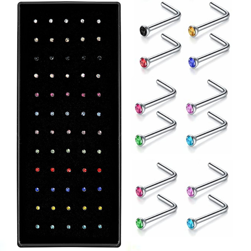 Pack de clous de nez en acier inoxydable, 40/60 pièces, cerceau de perçage de nez en cristal en vrac, ensemble d'anneaux de nez en forme de L, Piercing courbé, bijoux pour le corps: Black / Imitation plaquée rhodium