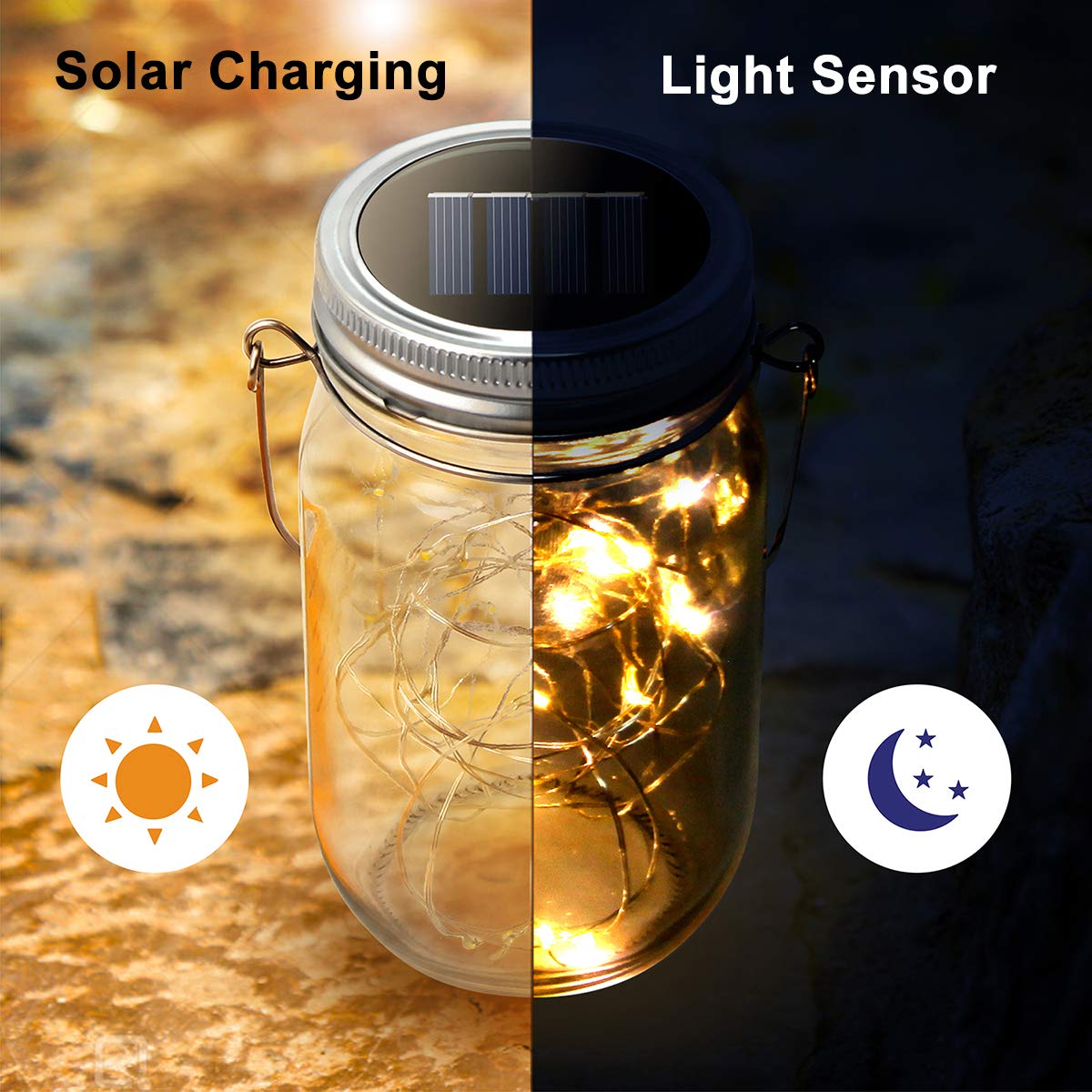 Solar--Einmachglas-Lichter mit 8 Griffen, 10 LED-Lichterketten, Feen-Solarlichter, Deckel, Glas-Dekoration, Garten, Party, Weihnachtsdekoration