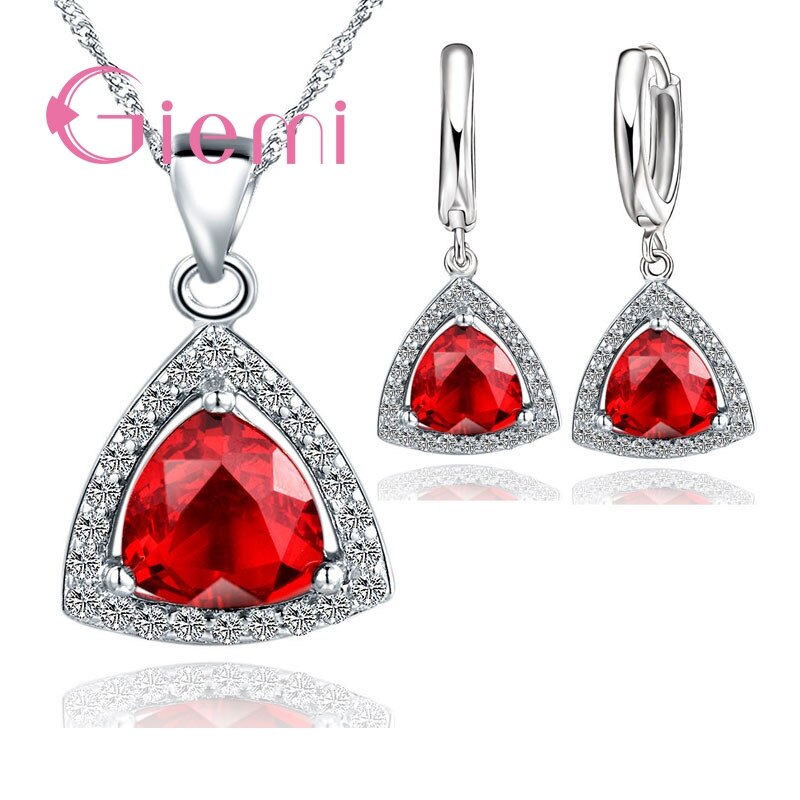 Pure 925 Sterling Silver Jewelry Sets Shiny Triangle Cubic Zirconia Necklace Earrings Bridal Women Wedding Jewellery: Red