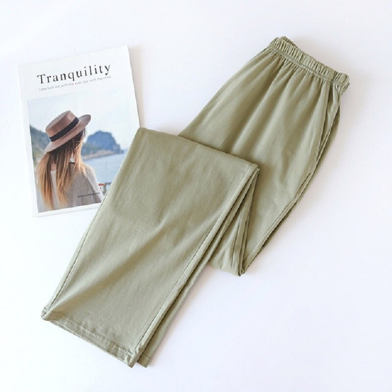 Spring Summer Lovers Loose Thin Sleep Bottoms Solid Color Men Women Full Length Pants Elastic Waist Couples Caual Wear: men-green / L