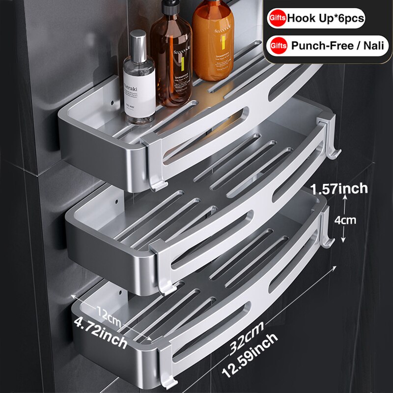 Joybos Ruimte Aluminium Badkamer Plank Douche Planken Geen-Boor Wall Mount Douche Opbergrek Hoekplank Badkamer Accessoires: L Sliver 3