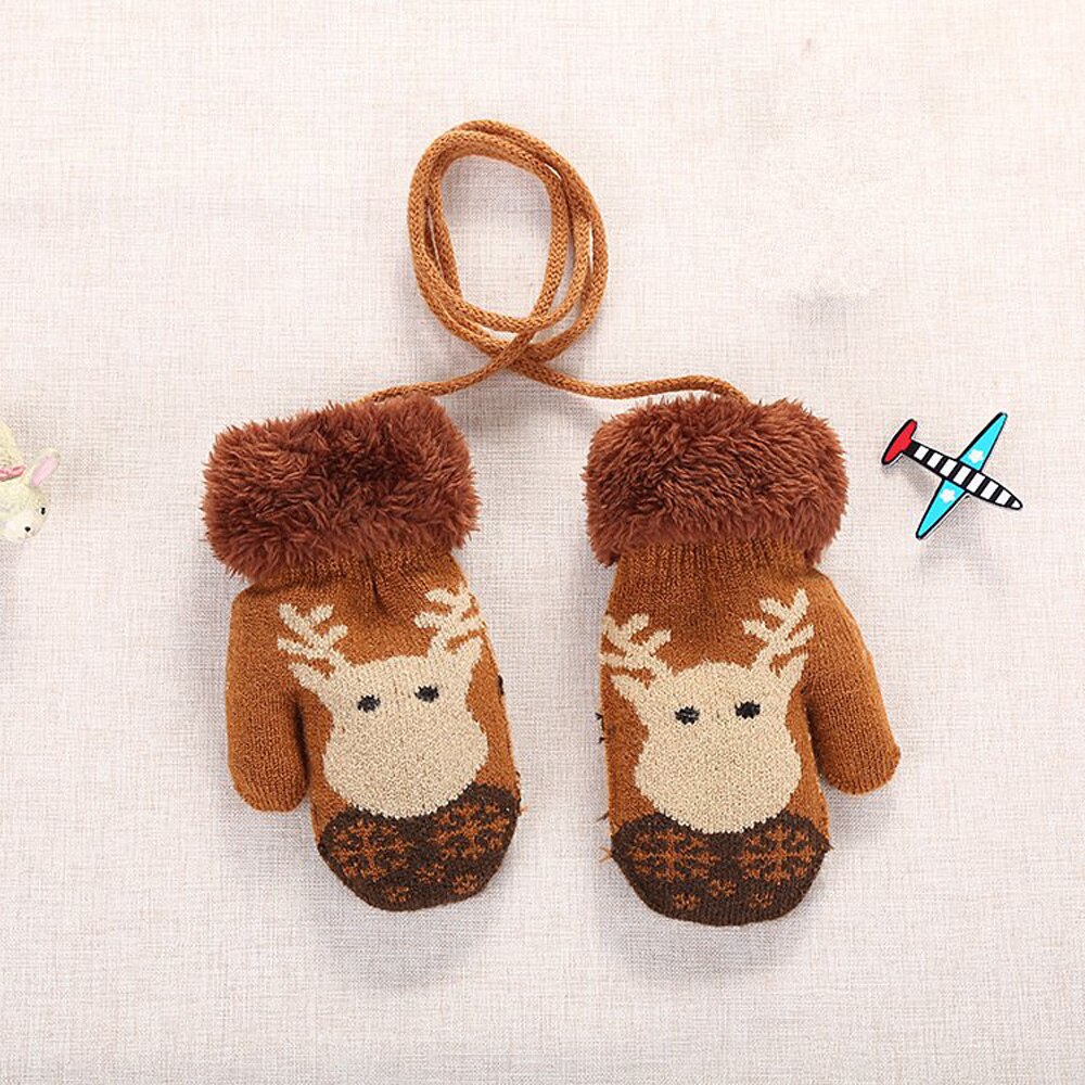 1 par adorável dos desenhos animados cordão luvas de malha natal elk grosso pelúcia quente luvas crianças meninos da menina luvas inverno ao ar livre