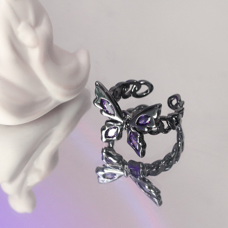 Trendy Gothic Butterfly Open Adjustable Ring Personality Purple Zircon Punk Rings for Women Wedding Party Jewelry Whole