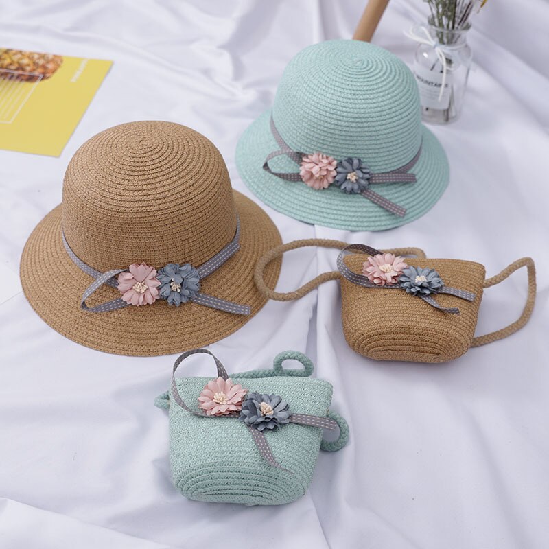 2 pçs meninas flor chapéu de palha com bolsa crianças verão chapéu de sol meninos meninas panamá praia chapéus