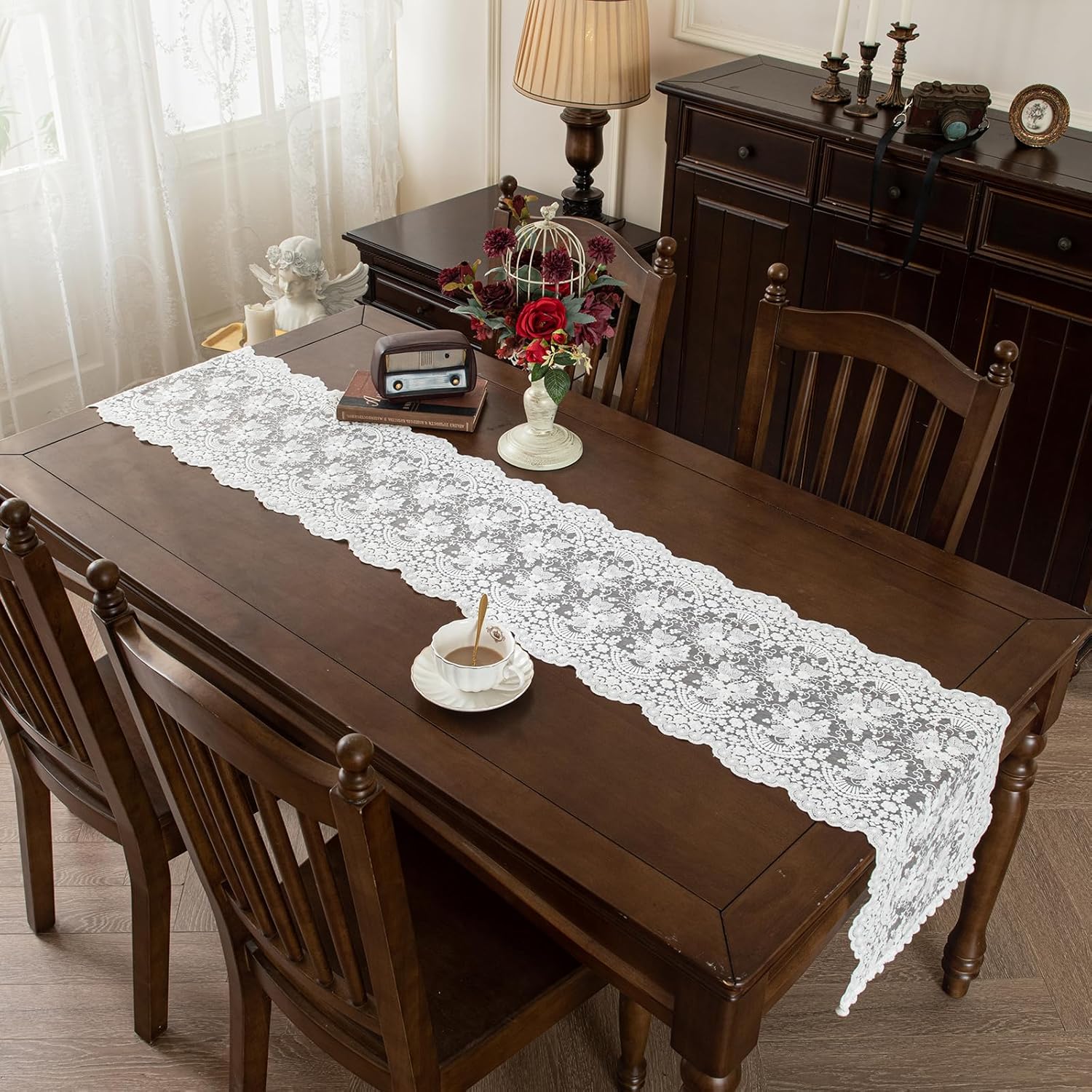 White Lace Table Runner Embroidery Cotton Lace Fabric Table Cover Floral Lace Table Runner Vintage Wedding Tea Party Decor