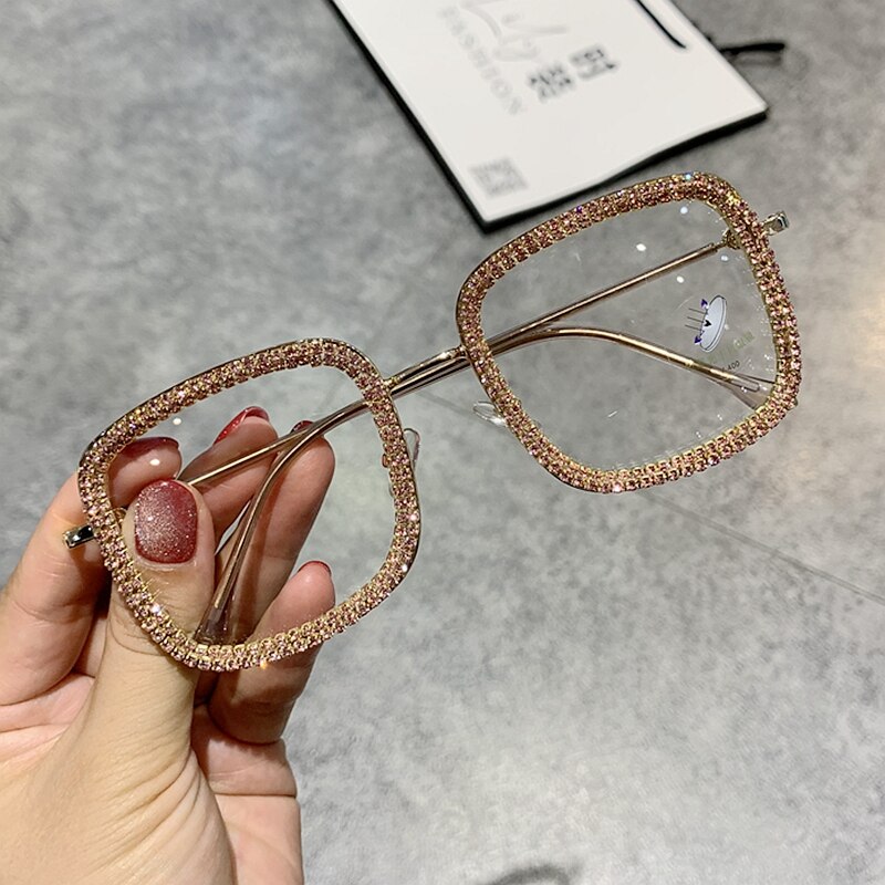 Blue Light Glasses Prescription Eyeglasses Square Oversized Rhinestone Eyewear Frame for Women Men: champne