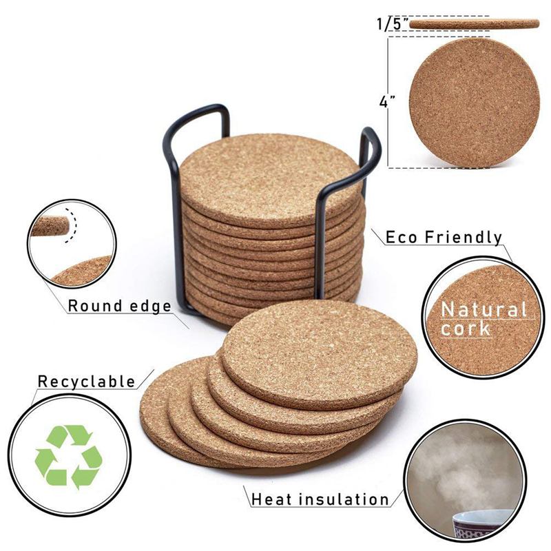 Natural Cork Coasters With Round 16pc Set with Metal Holder Storage Caddy – 1/5inch Thick, Absorbent, Eco-Friendly, Heat-Resista