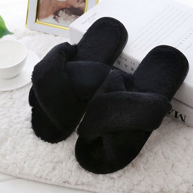 Zachte Winter Dames Slippers Warm Huis Indoor Slaapkamer Pluche Open Teen Sandalen Mode Meisjes Indoor Slippers Schoenen Voor Vrouwen: Black / 36-37