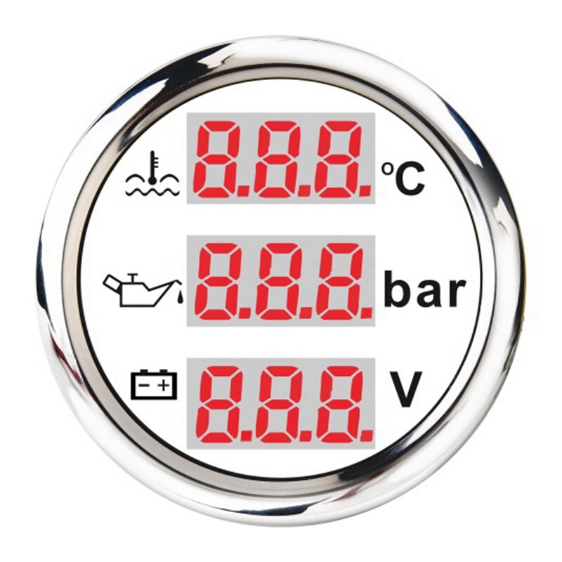 Universal 52mm 3 in 1 Multi-Function Digital Gauge Waterproof Water Temp Oil Pressure Gauge Voltmeter with Alarm: white