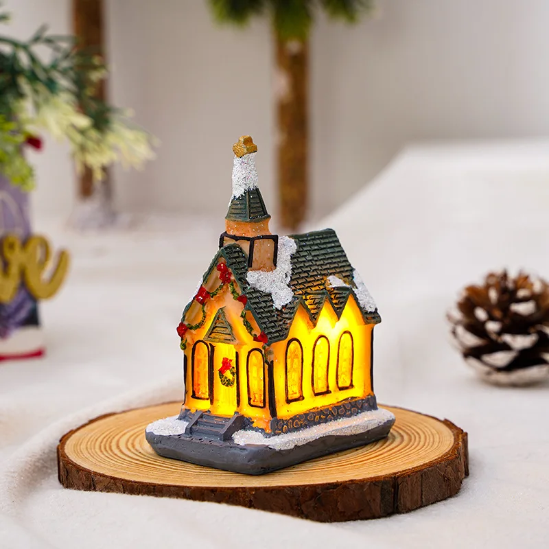 Christmas Decorations Resin Christmas Small House Micro-landscape Light Snow House Display A Christmas: Fluorescence Yellow