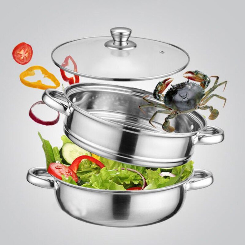 1 Pcs 28cm Multifunctional Steam Pot Double Layers Stockpot Stainless Steel Steamer Cooking Boiler Cookware,Silver