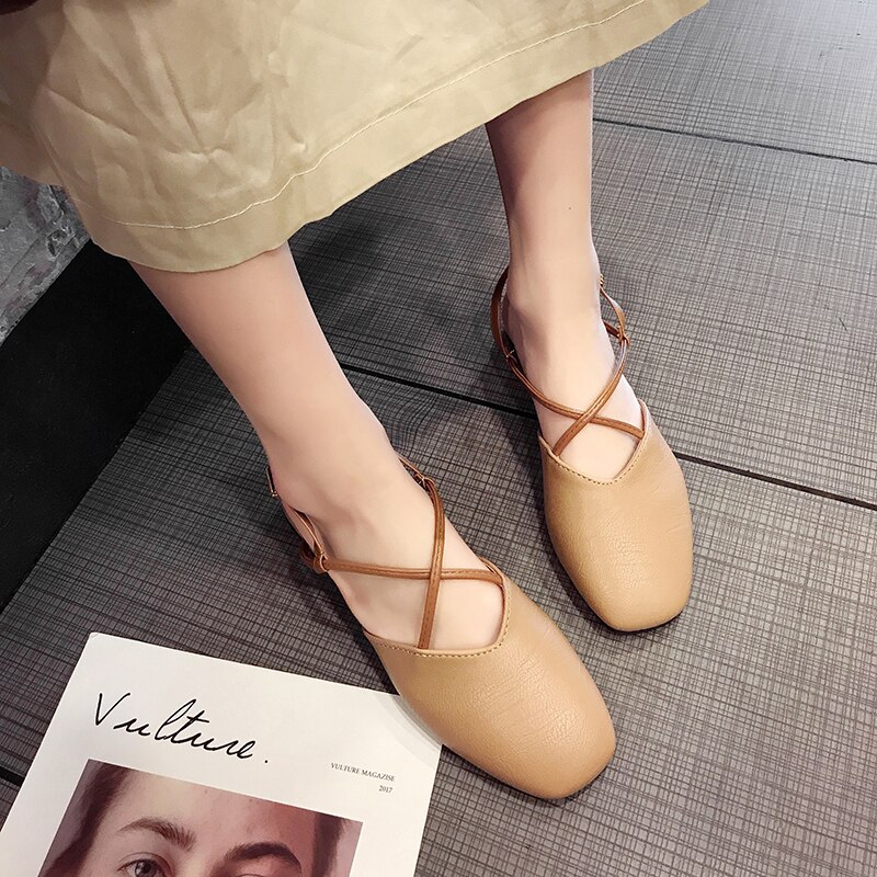 summer thick med-high heel close square toe sandals women retro hollow cross band buckle slingback gladiator sandalias