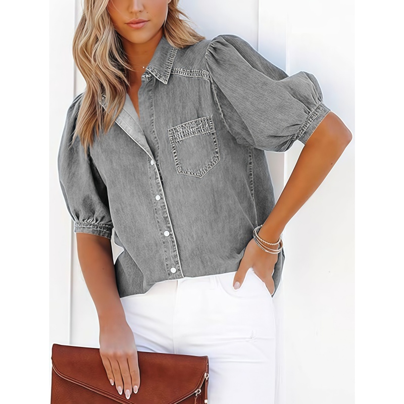 Naisten rento lyhythihainen paita, väljä istuvuus, napitettava pusero, kevyt ja hengittävä, kesäinen toppi, toimistotyylinen, työvaate