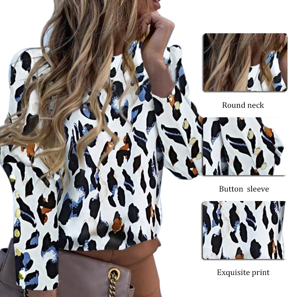 Women Blouse Puff Shoulder Shirts Office Lady Autumn Metal Buttoned Detail Blouses women Pineapple Print Long Sleeve Tops