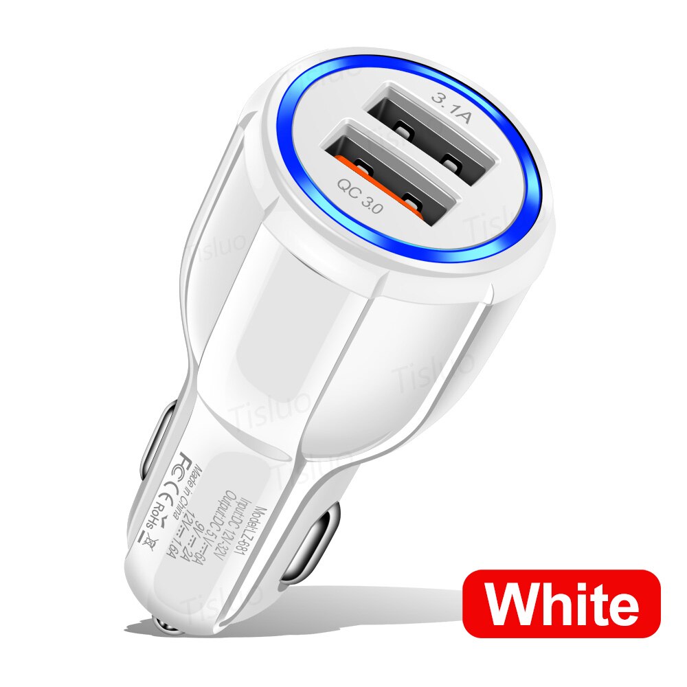 Chargeur de voiture QC 3.0 3.1A, pour iPhone 11 Pro 7 8 Plus, Xiaomi, Samsung, adaptateur de téléphone portable, affichage LED, USB: White