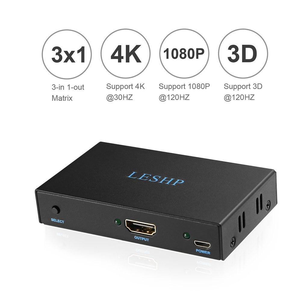 Leshp Black Portable Plug And Play Low Power Consumption 4K Switcher 1 In 2 Out Two Port 1.4V Splitter Box Hub