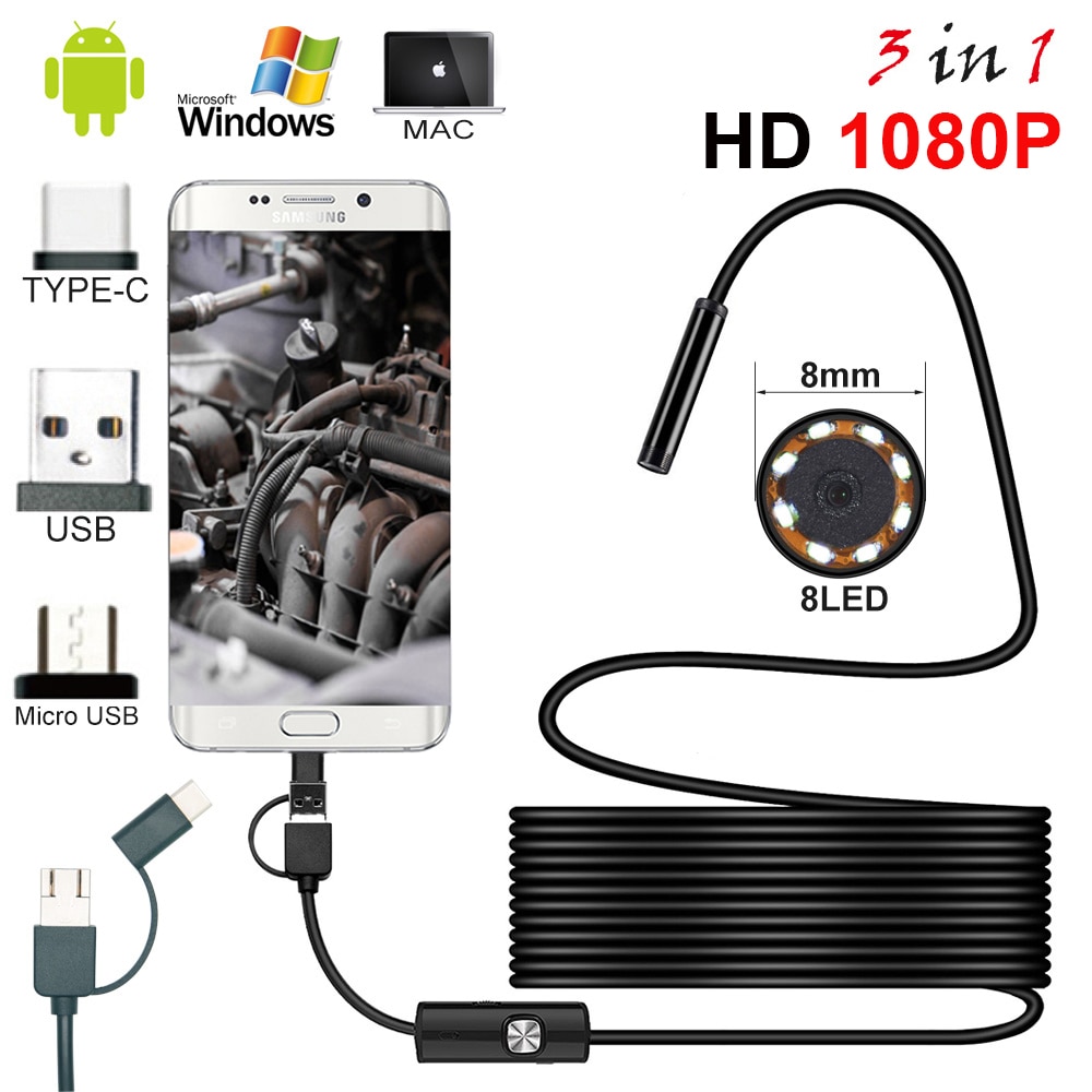 8mm Type C 3in1 Waterdicht 1080 P Endoscoop Camera Inspectie 1 m 2 m 5 m USB Kabel Endoscoop borescope Android Endoscoop