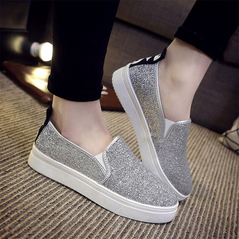 Women Sequined Slip On Loafers Thick Bottom Ladies Flat Shoes Spring Comfortable Platform Flats Casual Footwear