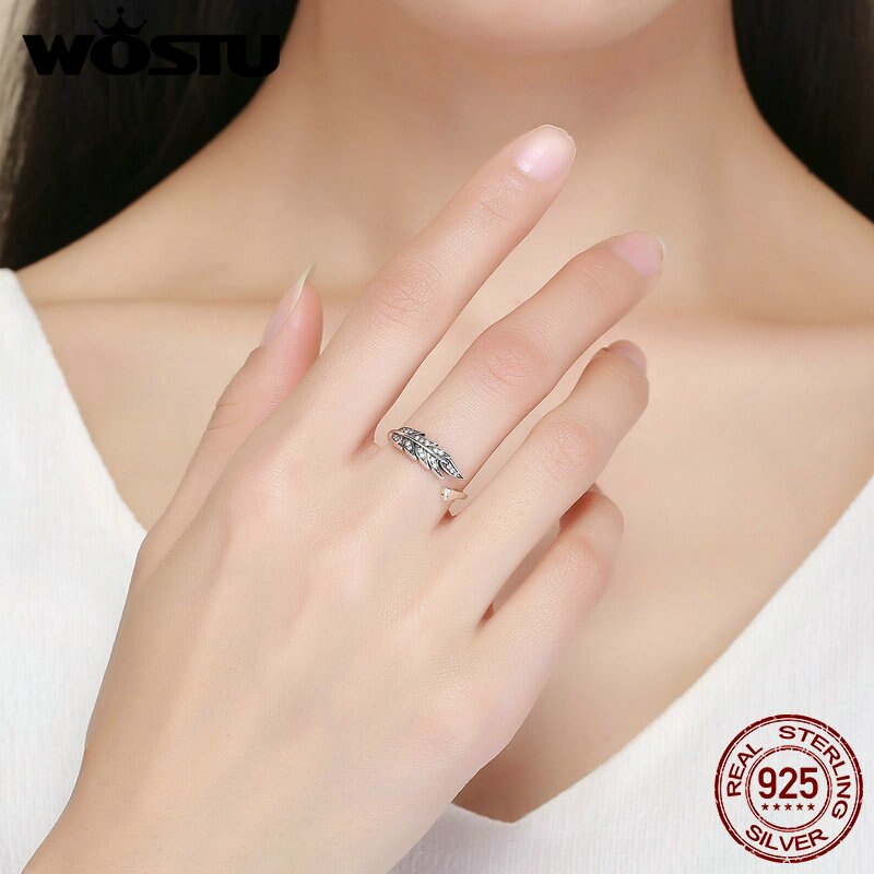 WOSTU NEUE 925 Sterling Silber Jahrgang Stil Blätter, klar CZ Einstellbar Ringe für Frauen S925 Silber Schmuck CQR313