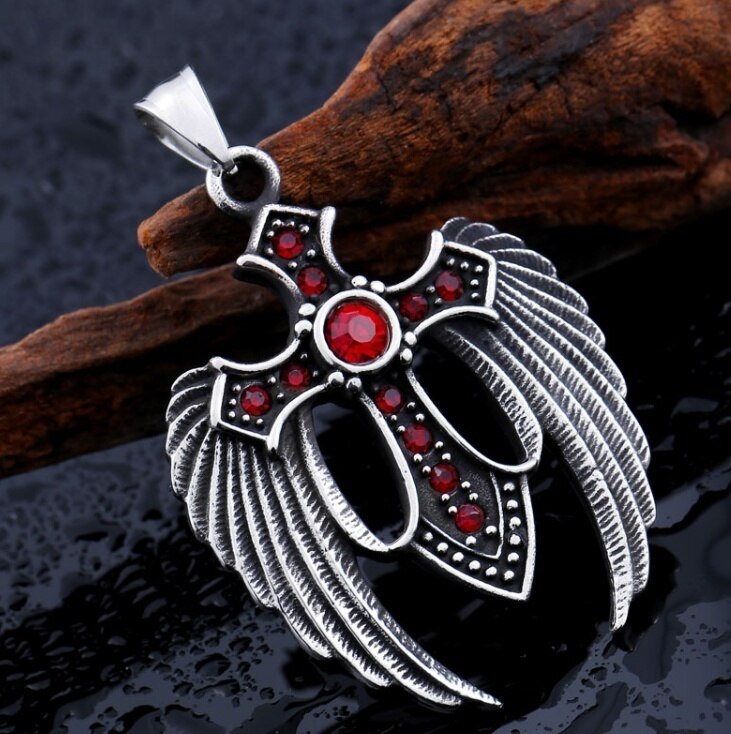 Colgante de pluma de piedra de 3 colores para hombre, Cruz de Cruz con alas dobles de acero inoxidable, Punk, tendencia de clásica: Rojo