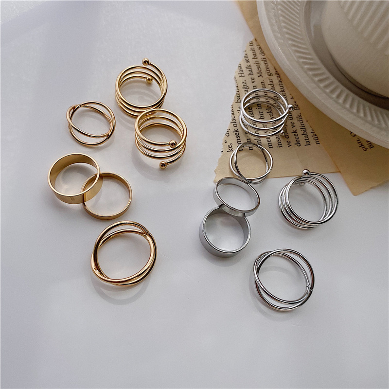 6 stks Gouden Zilveren Kleur Kruis Ringen Set Voor Vrouwen Eenvoudige Brede Ketting Vinger Staart Ringen Open Verstelbare Gezamenlijke Sieraden