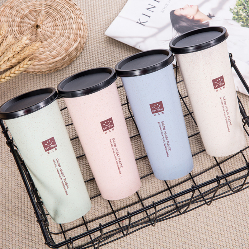Portable Wheat Straw Cup with Straws Multi-Functional Double Lid Cola Coffee Plastic Cup Drinking Cup