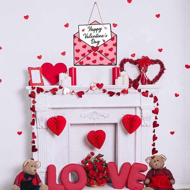 Valentinsdagskonvolutt tredørskilt gratulerer med valentinsdag-skilt valentinsdagsdekor inngangsdør