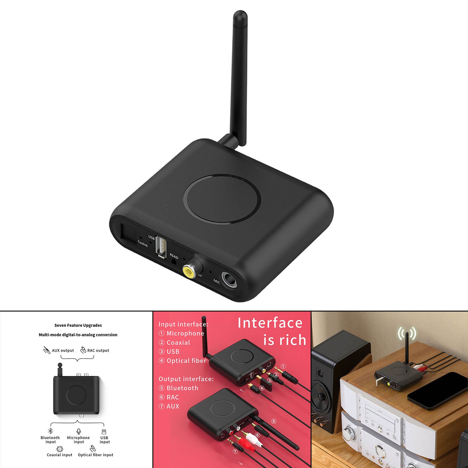 Wireless Bluetooth 5.0 Digital to Analog Audio Converter Remote Control Audio DAC Decoder Adapter RCA &amp; 3.5mm Black