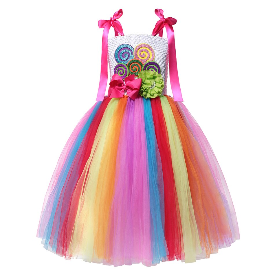 Sweet Candy Girl Clothes Summer Kids Carnival Frock Little Girl Birthday Fancy Rainbow Tutu Dress with Hairband Child Party Gown
