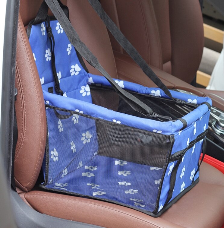 Travel Pet Dog Car Carrier Seat Bag for dogs in the car Safety Pet Transport print paw Car Folding Hammock autogamic for dogs: Blue