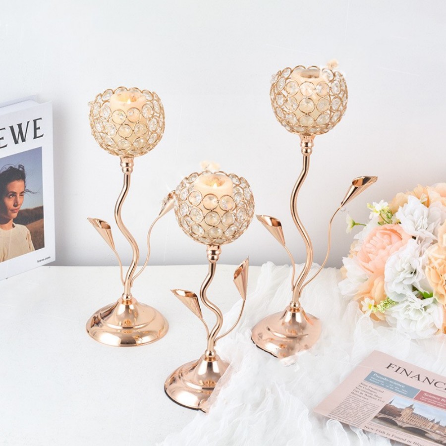 Portavelas de cristal dorado, candelabro en forma de flor de hierro, juego de candelabros Vintage pequeño para centro de mesa, boda, cumpleaños: S
