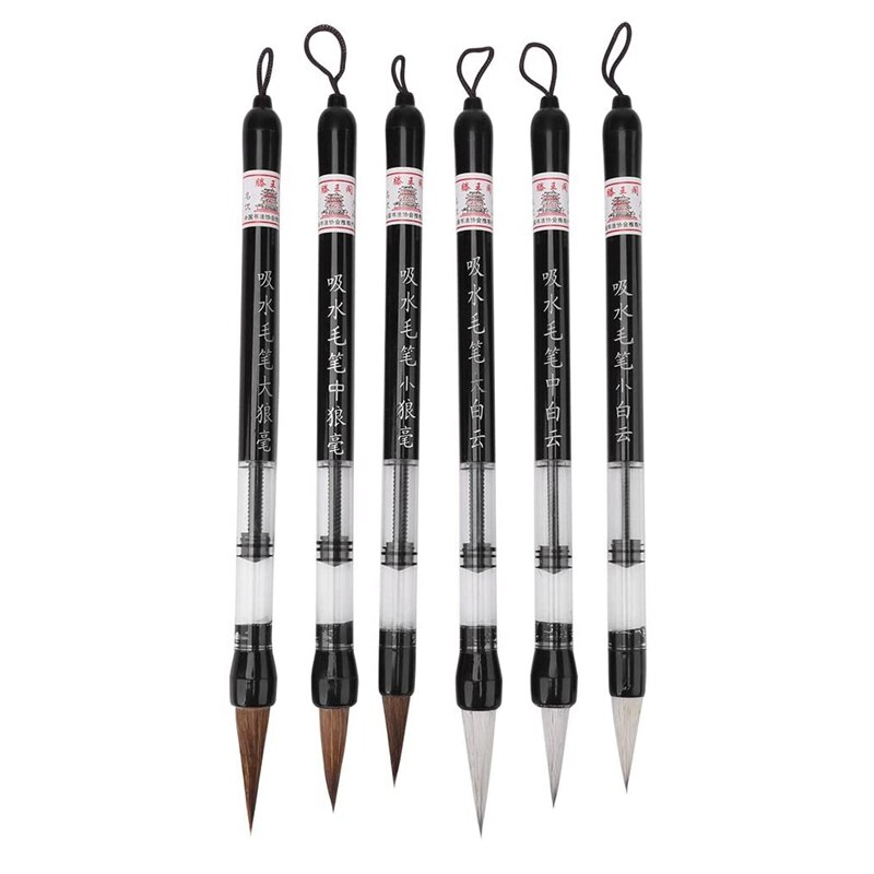 6 Pcs Piston Water Borstel Chinese Japanse Kalligrafie Pen Verstelbare Zuiger (S + M + L), wit En Bruin Borstelkop Pen