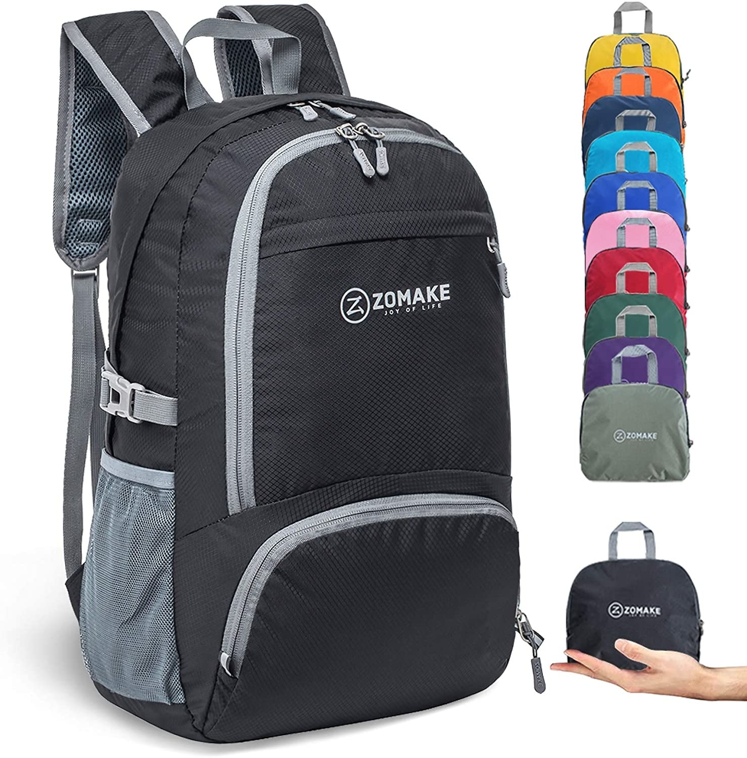 Zomake – sac à dos pliant 30L léger, sac à dos compact, étanche, adapté à la randonnée pour hommes et femmes: Black