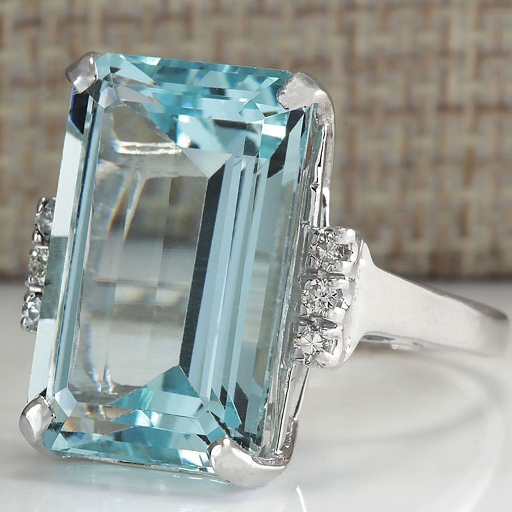 Grote Zuur Blauw Cz Zirkoon Steen Vintage Zilveren Ringen Voor Vrouwen Mode Bruiloft Engagement Sieraden Ring