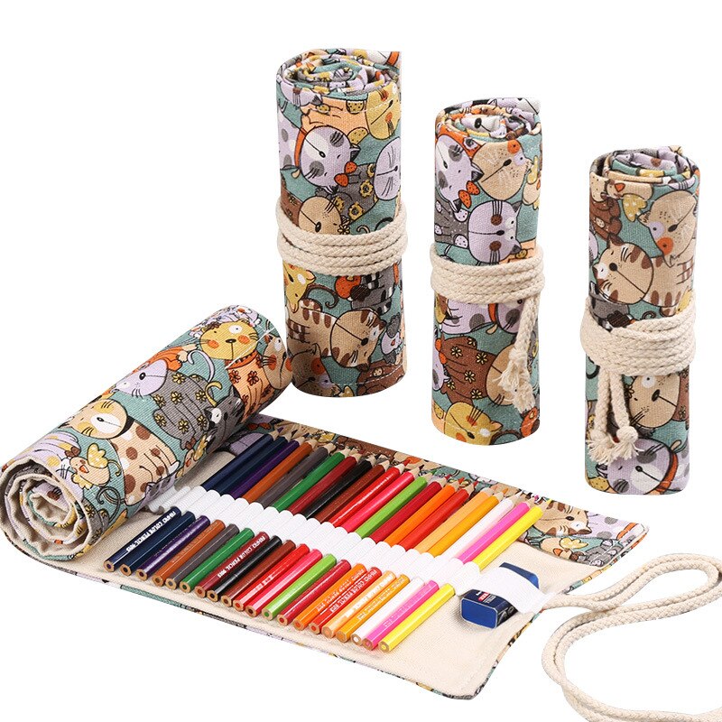 72 Gaten Schoolbenodigdheden Roll-Up Potlood Zakken Voor Kleur Potlood Pennen Tas Potlood Pouch Canvas Handgemaakte Bloemenprint kawaii Bgas: 72 hole cute cat