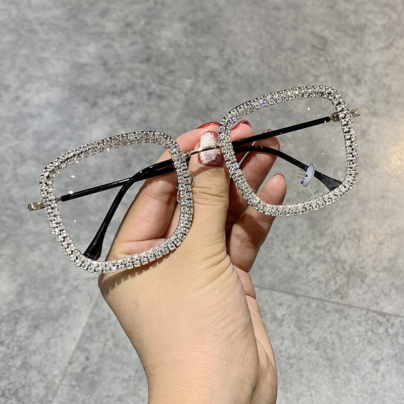 Blue Light Glasses Prescription Eyeglasses Square Oversized Rhinestone Eyewear Frame for Women Men: White