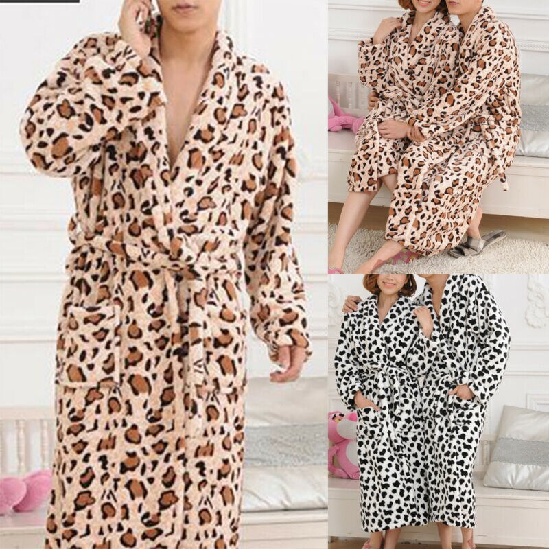 Mænds kappe mikrofiber fleece leopardprint badekåbe sjal krave efterår vinter varm afslappet kåbe nattøj nattøj