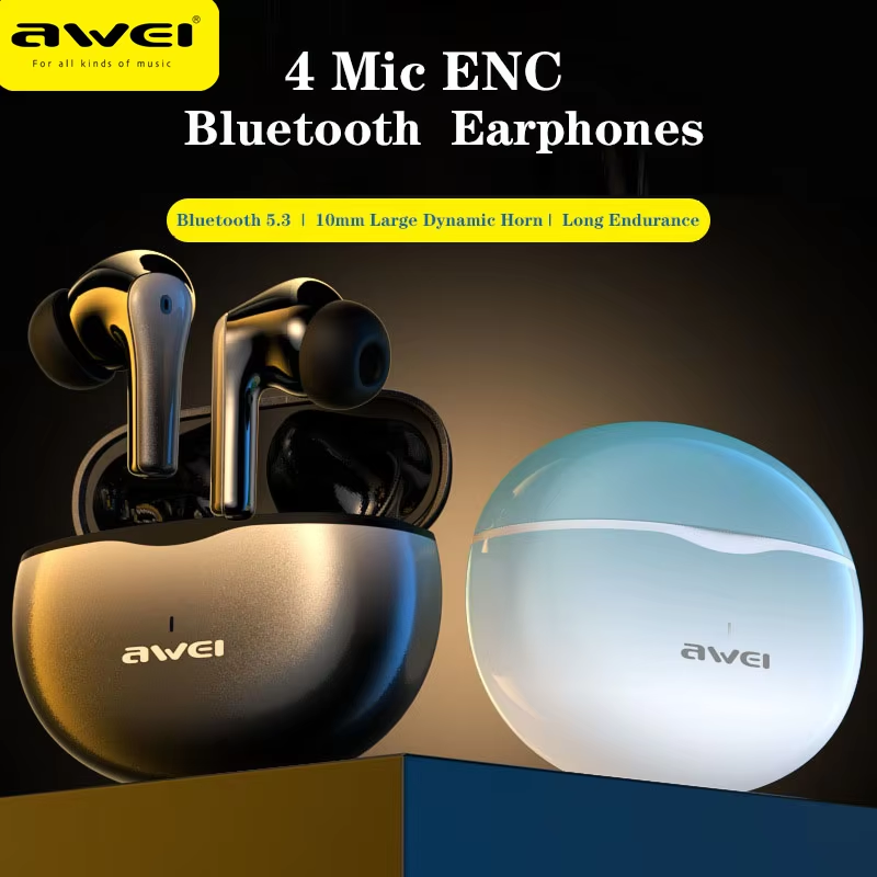 Awei T4 Mic ENC-oortelefoon Bluetooth 5.3-oordopjes TWS Draadloze oordopjes Hoofdtelefoon HiFi Muziek Sport Waterdichte ENC-headset