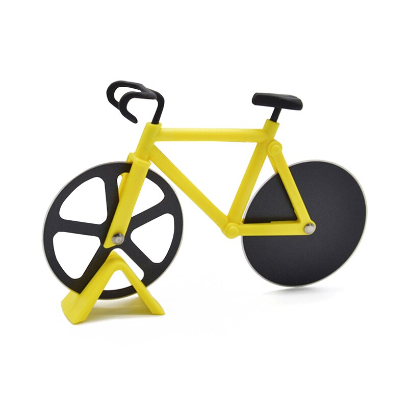 Stainless Steel Kitchen Pizza Tool Bike Pizza Cutter Knives Non-stick Two-wheel Bicycle Shape Pizza Cutting Knife With Holder: Yellow