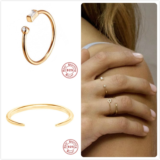 Dainty anéis de prata esterlina 925, dourado ajustável, dedo, anéis, menina, anéis geométricos, anéis de zircônia cúbica feminino, 5