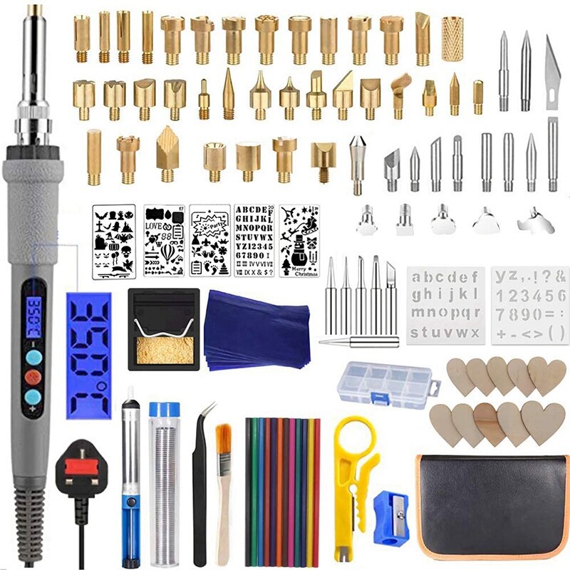 109Pcs Wood Burning Kit Adjustable Temperature Pyrography Pen Stencils Embossing Soldering Tips Wood Burner Tool,US Plug