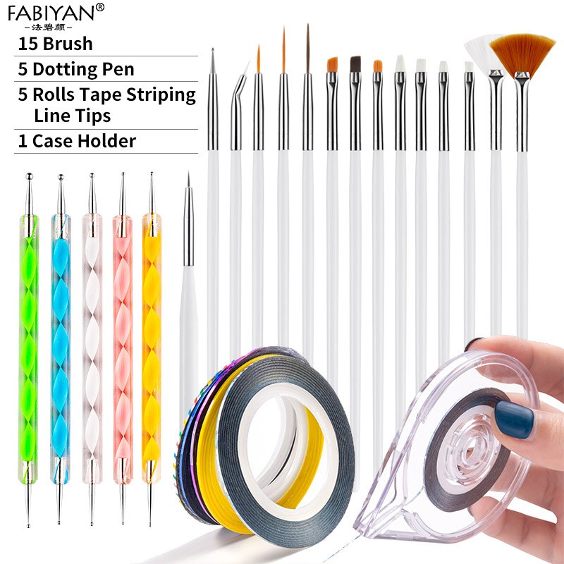 Set 15 Borstel + 5 Puntjes Pen + 5 Rolls Tape Striping Line Tips + 1 Case Houder Nail Art decoratie Manicure Gereedschap Diy