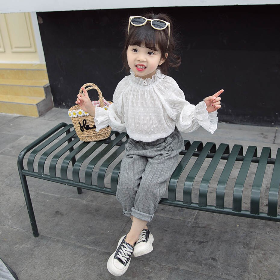 Camisas para niñas, blusa blanca con volantes para niñas, blusa de lunares para niñas, ropa de manga ancha para niñas