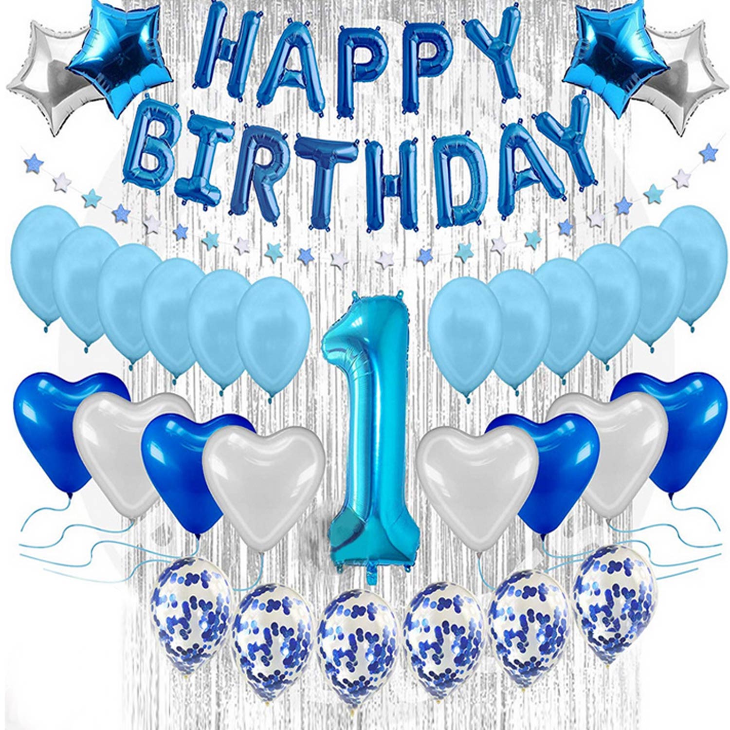 First 1st Birthday Decorations Set with Happy Birthday Banner Foil Fringe Curtain 30pcs Balloons for Party Photo Props Supplies