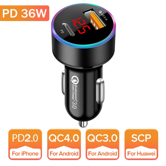 Getihu 36W Autolader Pd Dual Usb Led Fast Telefoon Opladen Voor Iphone 12 11 Mini Pro X Xr max 7 8 Plus Xiaomi Redmi Huawei Samsung: PD 36W Black