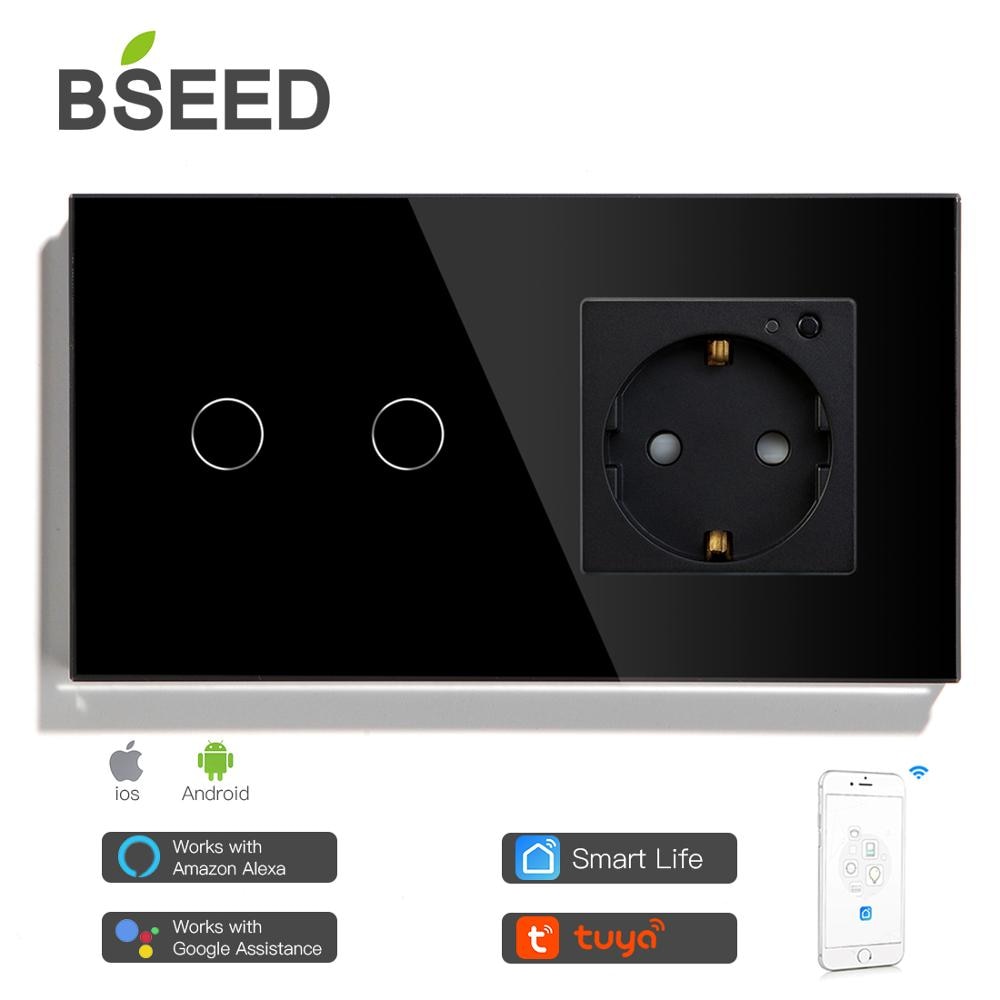 Bseed smart wifi touch switch 2 gang 1 vej med eu stik 3 farver krystal glas panel arbejde med smart life tuya app