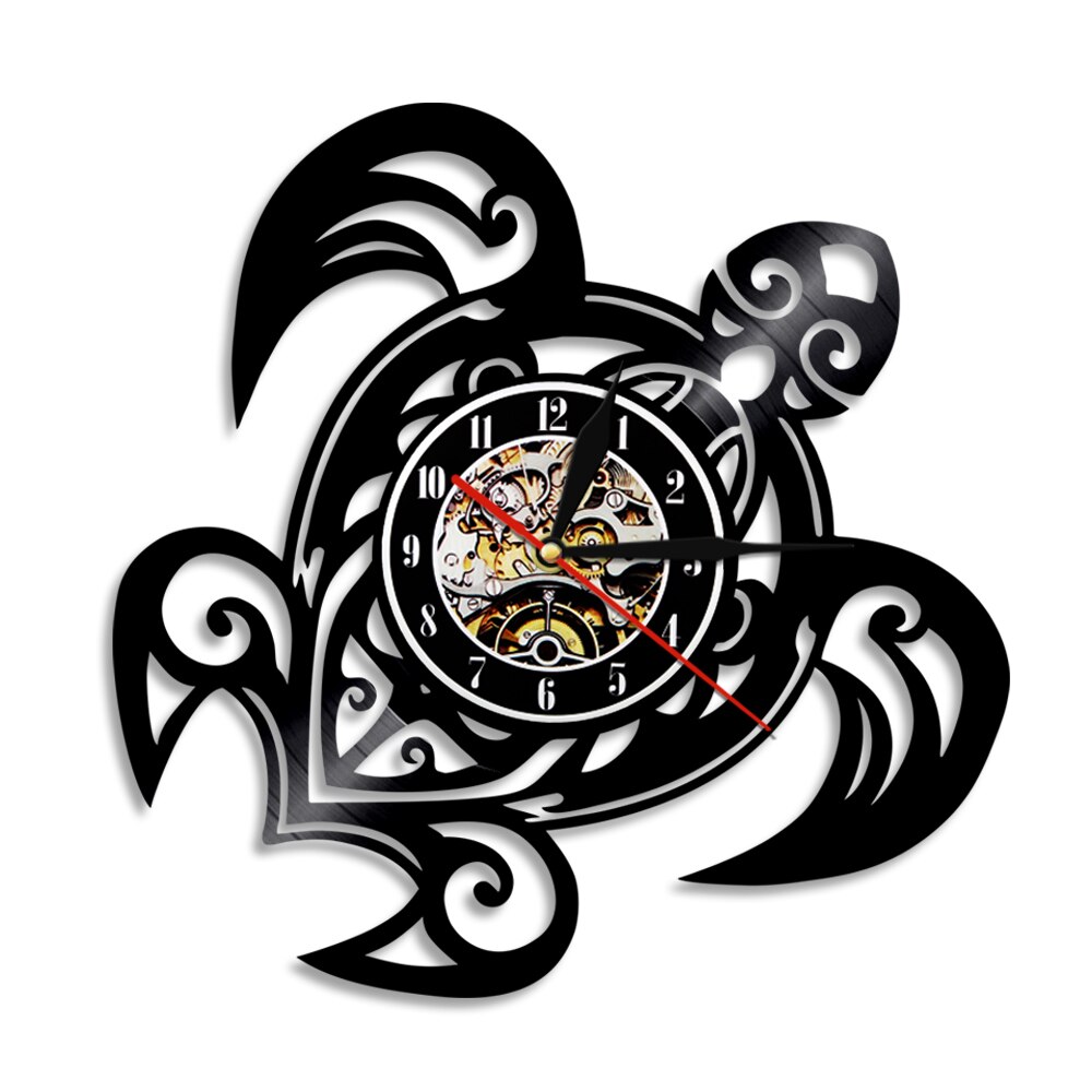 Sea Turtle Shape Wall Clock Sea Animals Vinyl Record Wall Clock Sea Turtles Silhouette Beach Decor 3D LED Night Light: NO LED Light