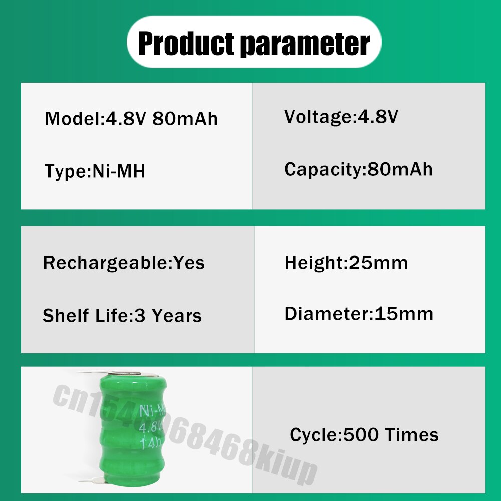 4.8V 80MAH Ni-MH Ni MH Rechargeable Battery With Solder Pins For Power Torch Computer Motherboard Camera Toys Clock Button Cell